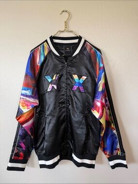 Men's Black Satin Bomber Jacket with Multicolor Sleeve Accents